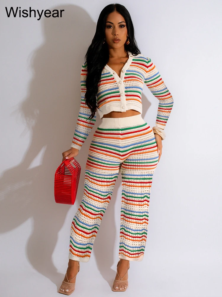 Fashion Colored Striped Crochet Knitting Two 2 Piece Sets Women Long Sleeve Top and Wide Leg Pants Suits Birthday Offcie Outfits