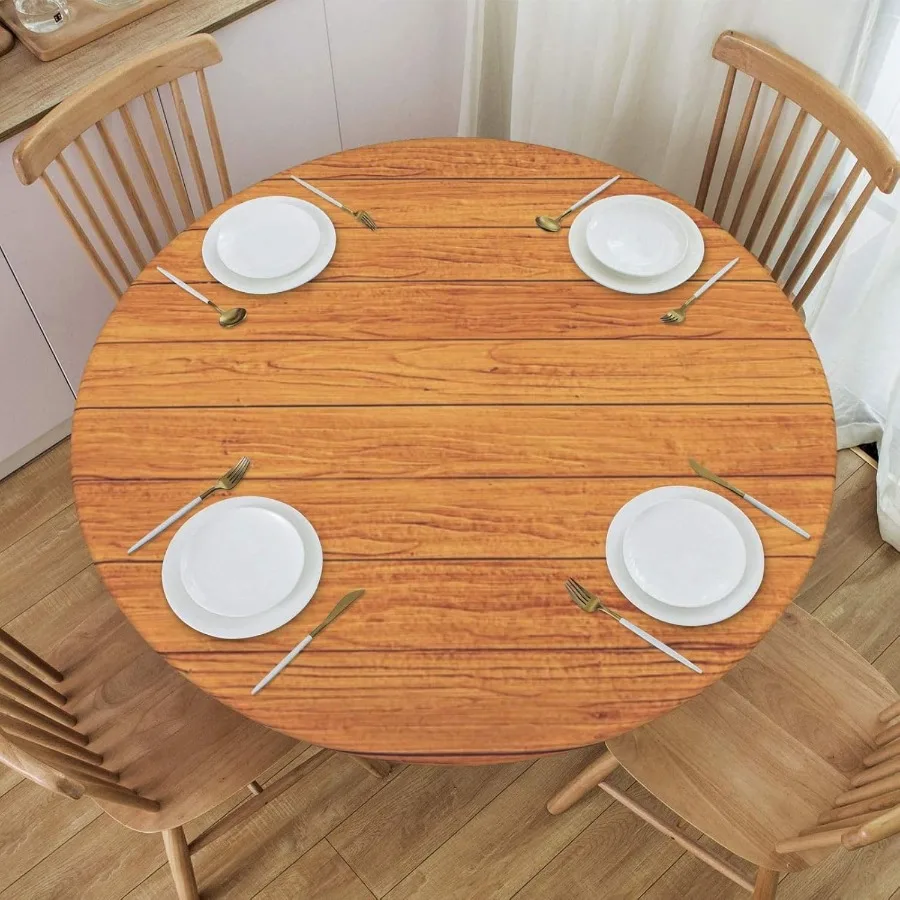 مفرش طاولة مستدير من الخشب الحبوب مع غطاء طاولة بحافة مرنة، مفرش طاولة مقاوم للماء وقابل لإعادة الاستخدام لفناء حفلات المطبخ والعطلات