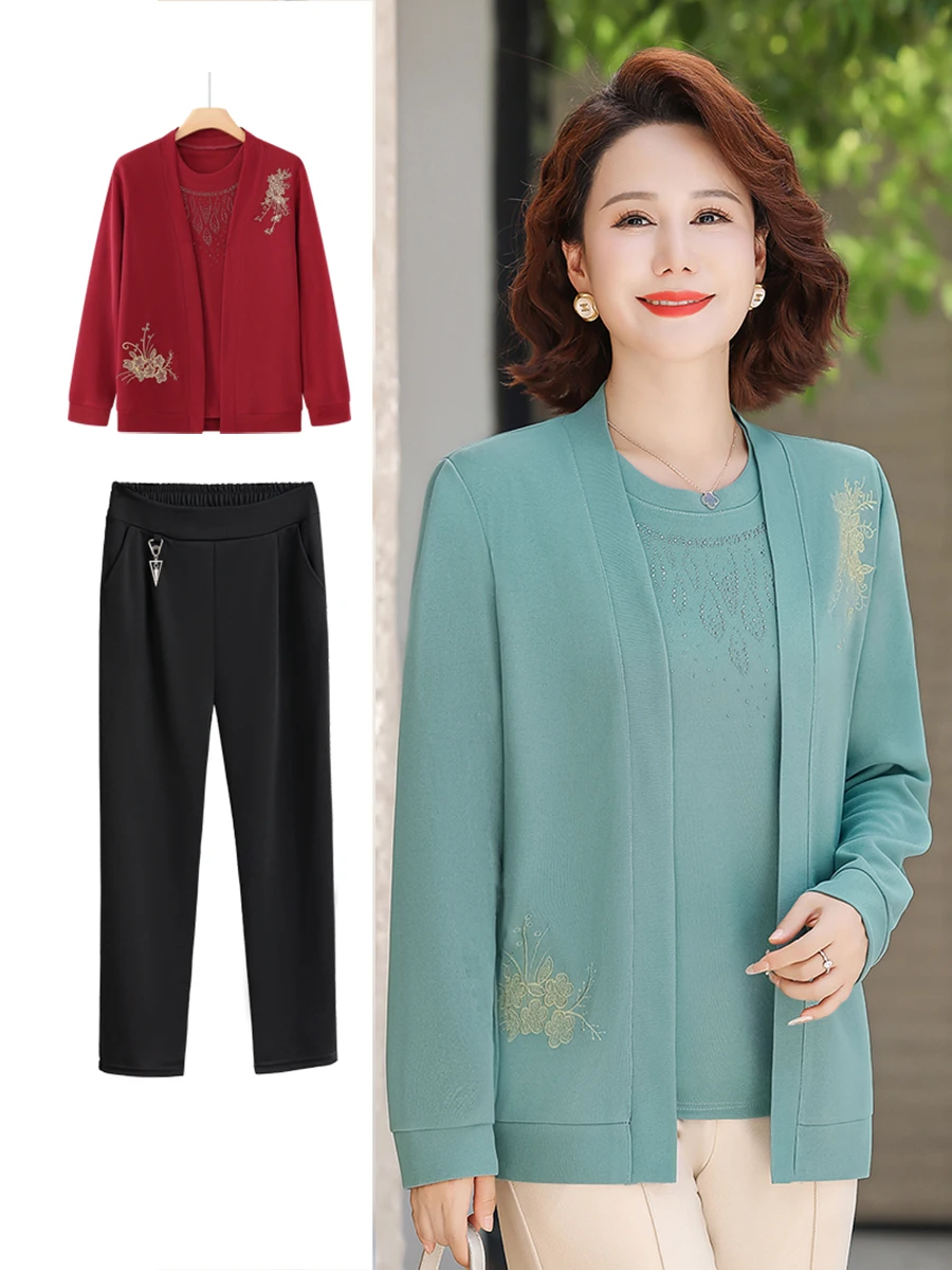 おしゃれなママの秋服長袖半袖セット中年女性向けポリエステル繊維ルーズフィットラウンドネックトップ