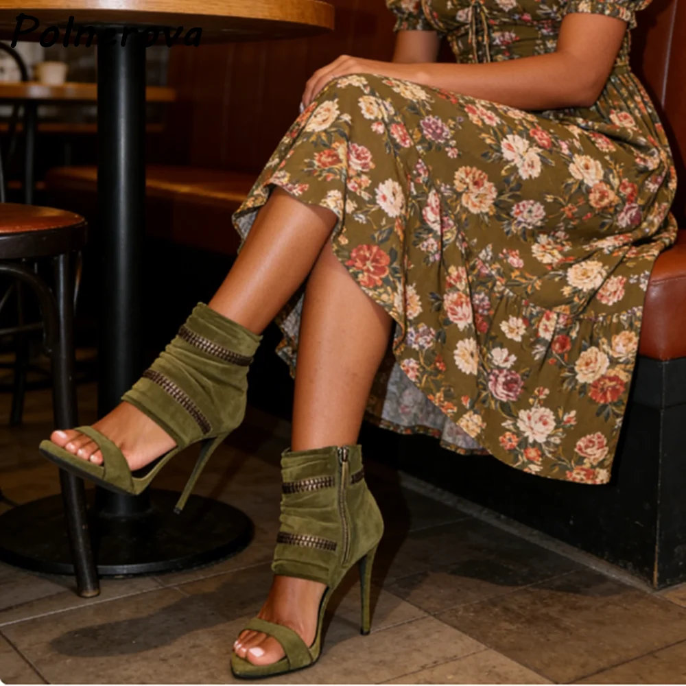 

Slouchy Zipper Detail Sandals Boots Green Suede Peep Toe Straight Strap Party Shoes Hollow Green Pleated Summer Retro Shoes