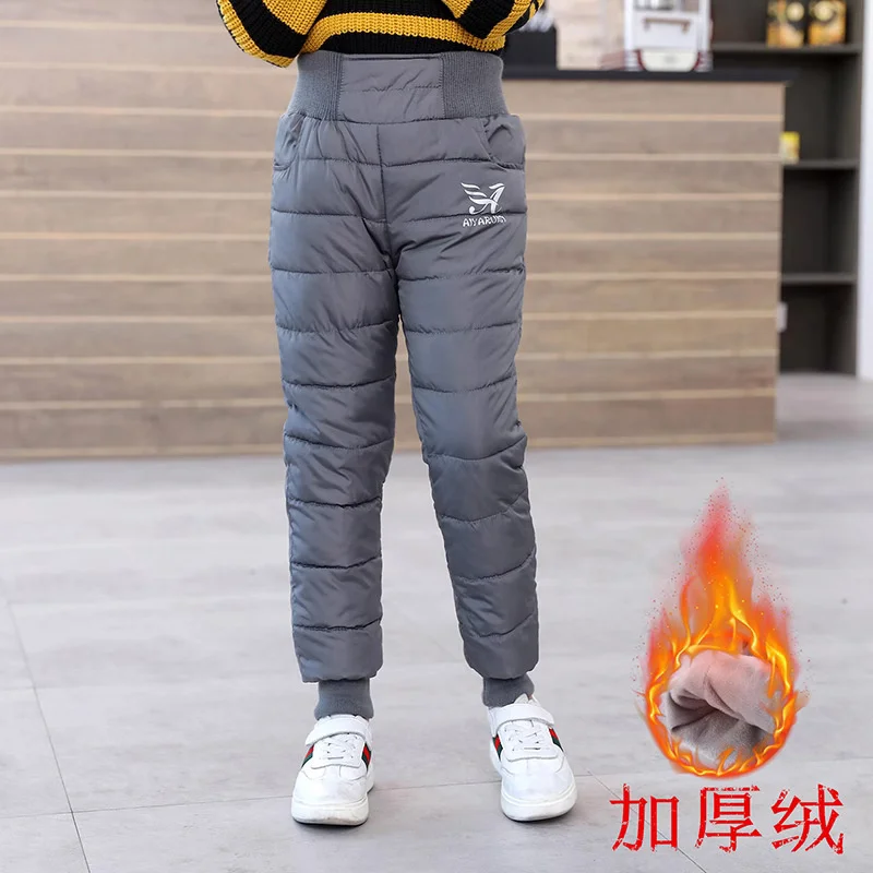 Winter Boys Thick Cotton Pants Fleece Padded Warm Trousers Kids Waterproof Ski Pants Elastic High Waisted Baby Girls Pant 2-12 Y