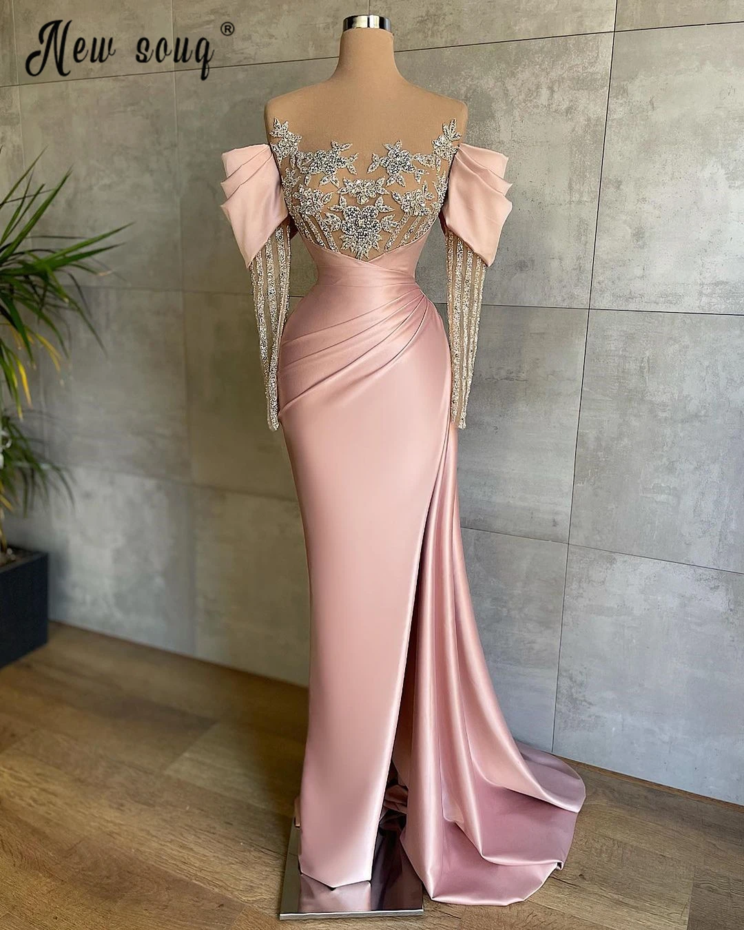 

Pink Beading Crystals Off Shoulder Evening Dress Luxury Dubai Mermaid Prom Gowns for Women Party Robes Robe de mariee