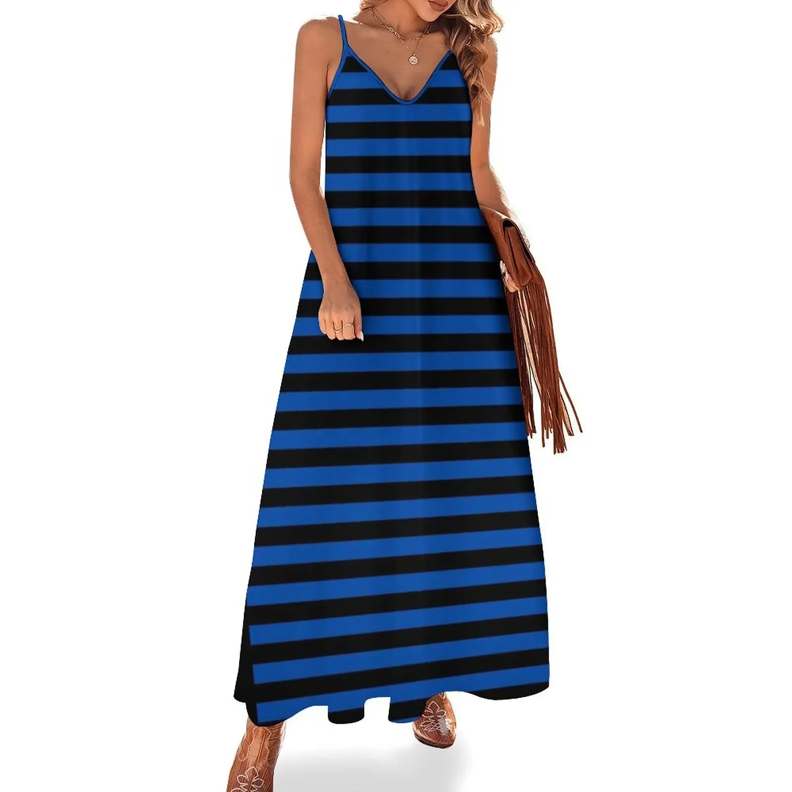 

Cobalt Blue and Black Horizontal Stripes Sleeveless Dress womens dress Women dresses summer