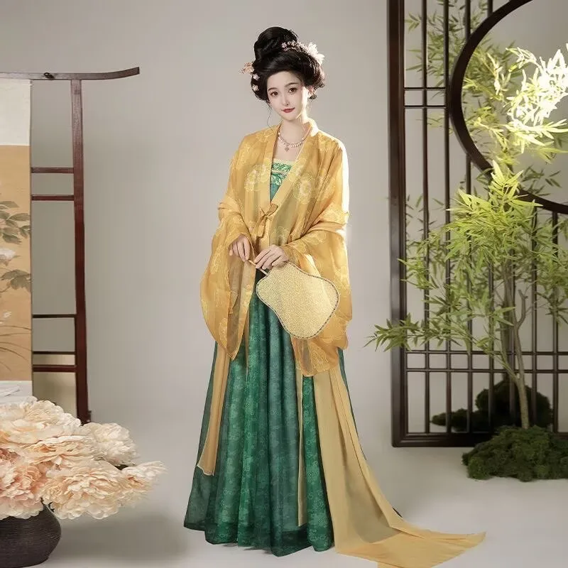 

Китайское платье ханьфу, женский костюм для косплея на Хэллоуин, винтажные желто-зеленые комплекты, наряд для вечеринки, платье ханьфу, костюмы династии Тан