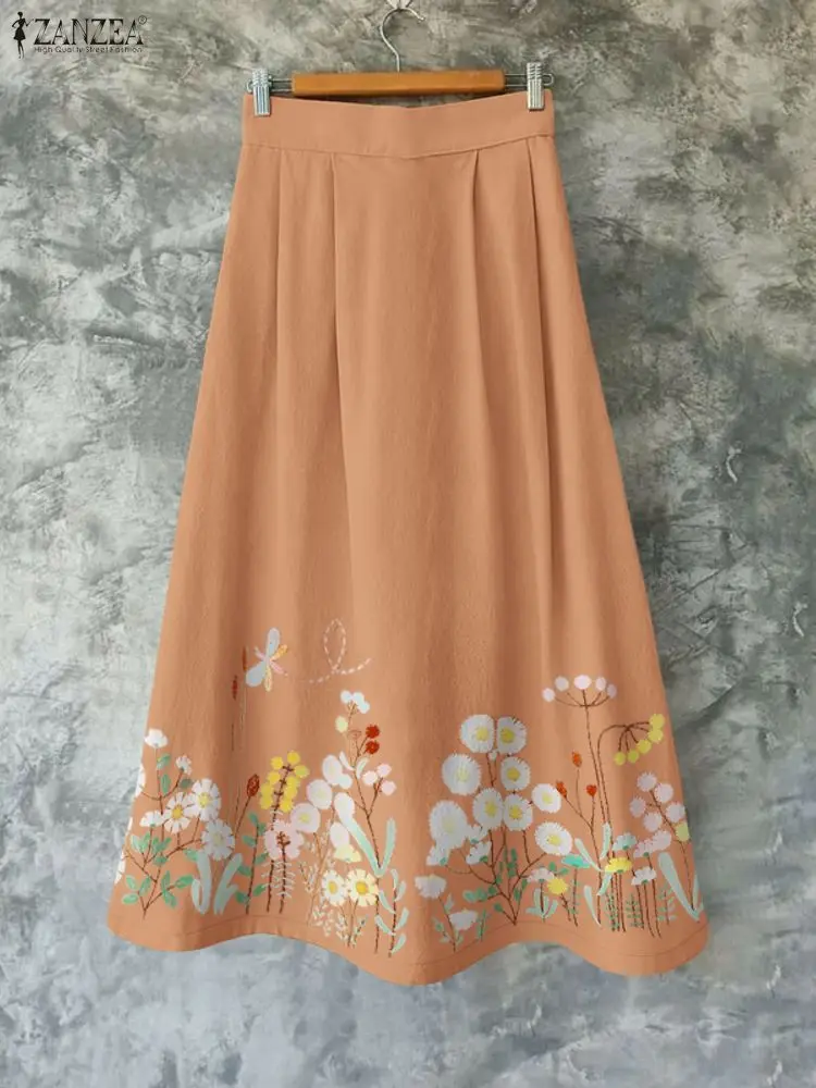 

ZANZEA Floral Printing A-Line Midi Skirts Women Causal Elastic High Waist Tucked Detail Skirt Autumn 2025 New Everyday Wear 3XL