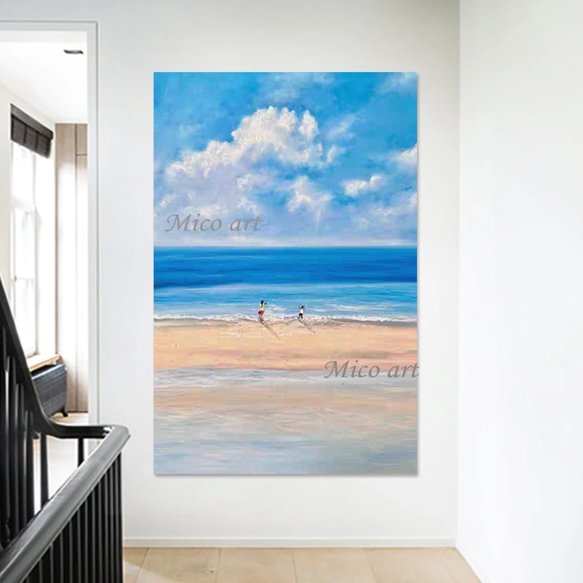 High Quality Blue Sky Abstract Canvas Handmade Oil Paintings Frameless Wall Hangings, Modern 3D Seascape Art Picture New Arrival