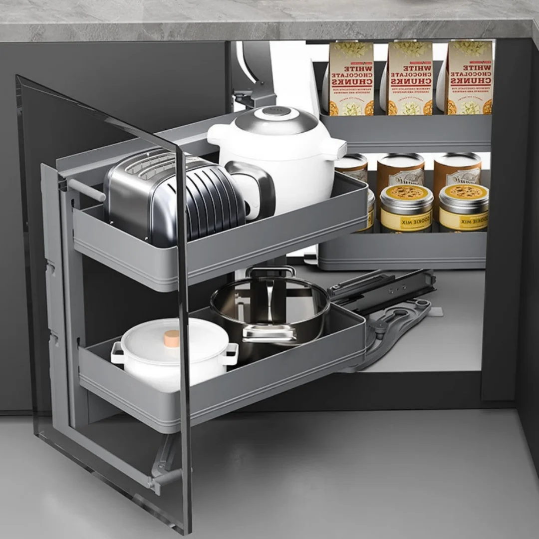 

-oo 2-Tier Rotating Blind Corner Cabinet Organizer Aluminum Alloy Soft-Close Swing Rack Kitchen Pull-Out Basket Dishes Spice
