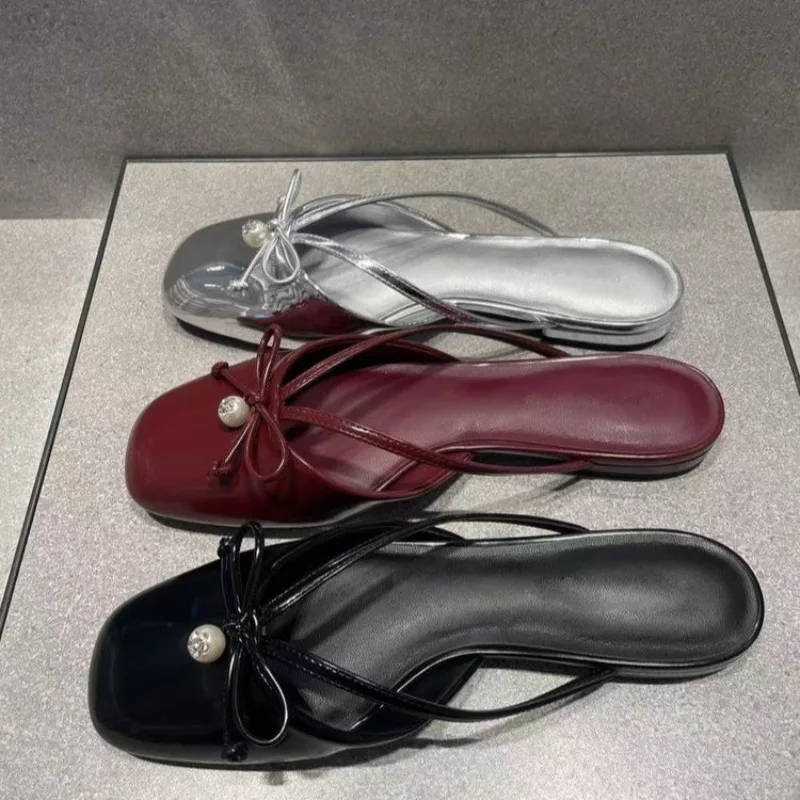 

2025 New Summer Women Floral Slippers Fashion Cover Toe Flats Slide Shoes Comfortable Street Style Footwear Bow decoration