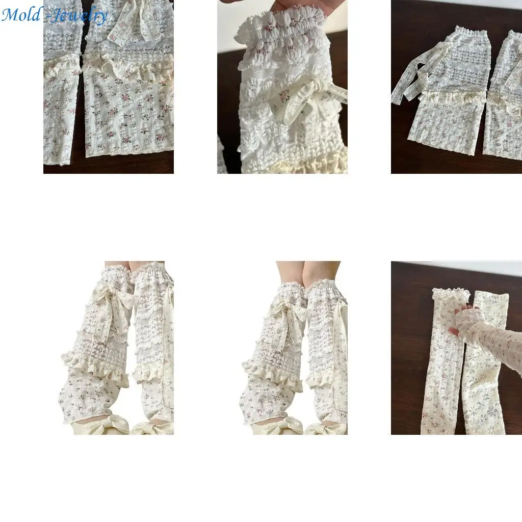 

69HB Ruffle Lace Leg Warmers for Women Elegant Floral Pattern Leg Covers with Bowknot
