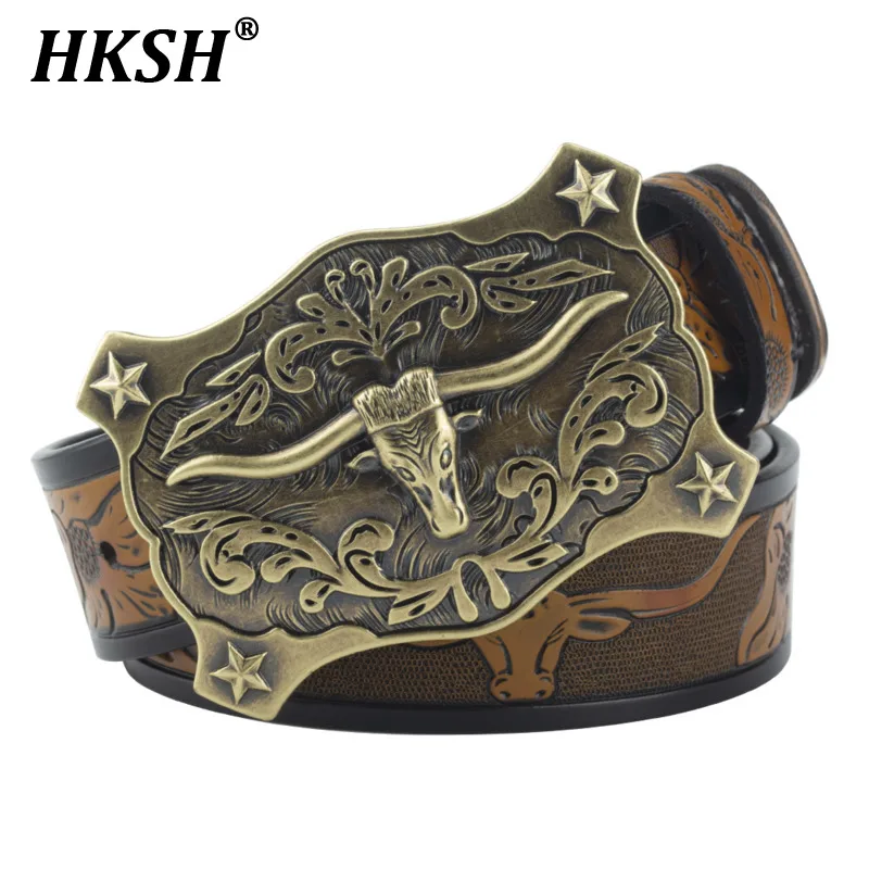 

HKSH Men's Tide Patterned Belt Buckle Genuine Leather Embossed Cow Head Waistband Two-layer Casual Decorative Women Chic HK1657