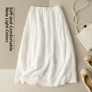Pure Cotton Embroidered A-Line Skirt High Waist Midi Skirt Retro Sle Spring Summer New Arrival Women's Faion Artistic