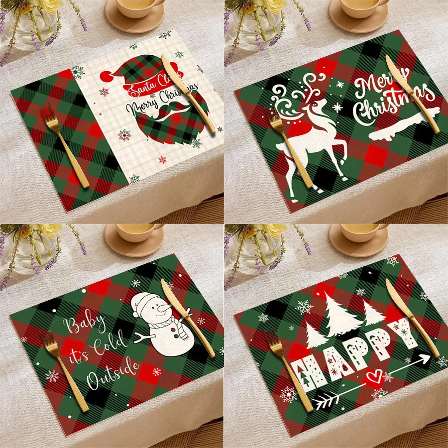 

Elk Deer Printed Placemats Rectangular Christmas Snowman Trees Dining Table for Kitchen Decor Linen Non Slip Table Mats