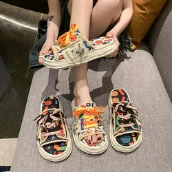 Women Fashion Platform Slippers Summer Cute Cartoon Graffiti Canvas Sandals Outdoor Comfortable Light Casual Flats Plus Size 42