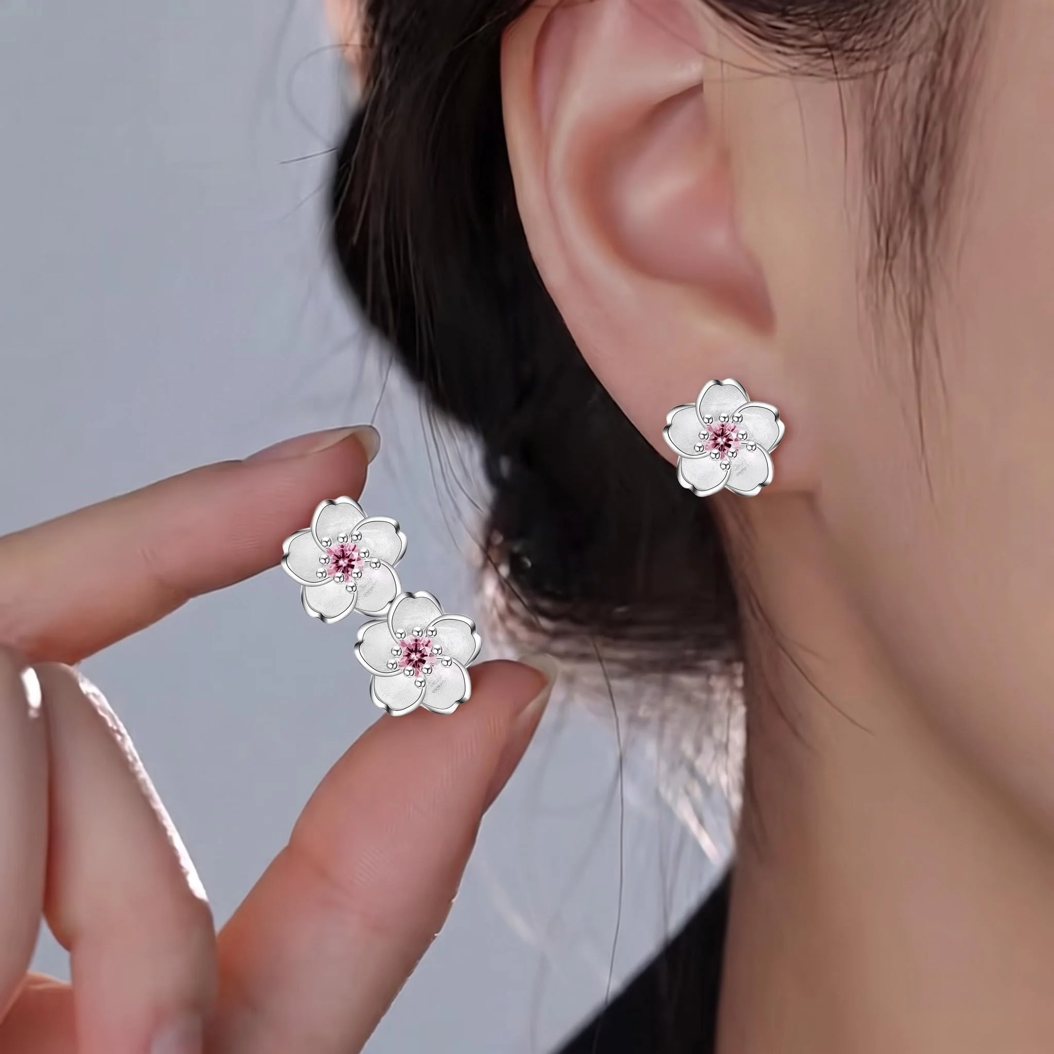 925 Silver pink flowers Stud Earrings Zircon Small Earrings For Women Girls Lovely Jewelry Gift