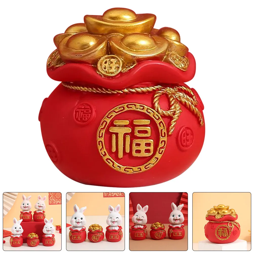 Resin Money Bag Desktop Decor Cartoon Lucky Pouch Ornament for Spring Festival Home Office Rabbit Decoration