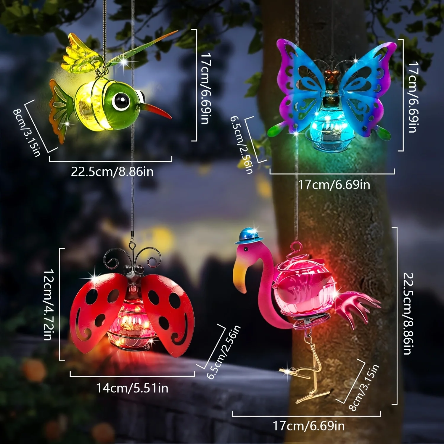 Solar-Powered Hanging Animal Lights - Colorful LED Outdoor Garden Decor with Butterfly, Bird, and Flamingo Designs, Solar-Power