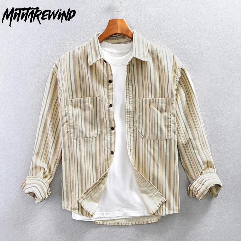 

Spring Fall Long Sleeve Shirt Man Daily Causal Loose Shirts Male Lapel Double Pockets Vintage Corduroy Striped Shirt Fashion Top