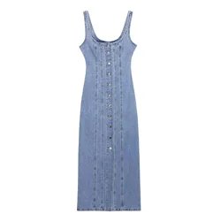 Women Summer Ladies Zipper Denim Dress Women Elegant Spaghetti Strap Sexy O-Neck Vintage Casual Female Sling Mid-Long Dress ﻿