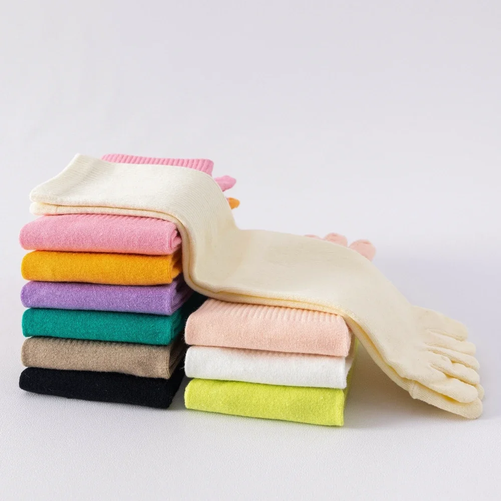 5 Pairs Women Cute Cotton Socks with Separate Fingers Middle Tube Toe Socks Four Season Sports Five Finger Athletic Socks