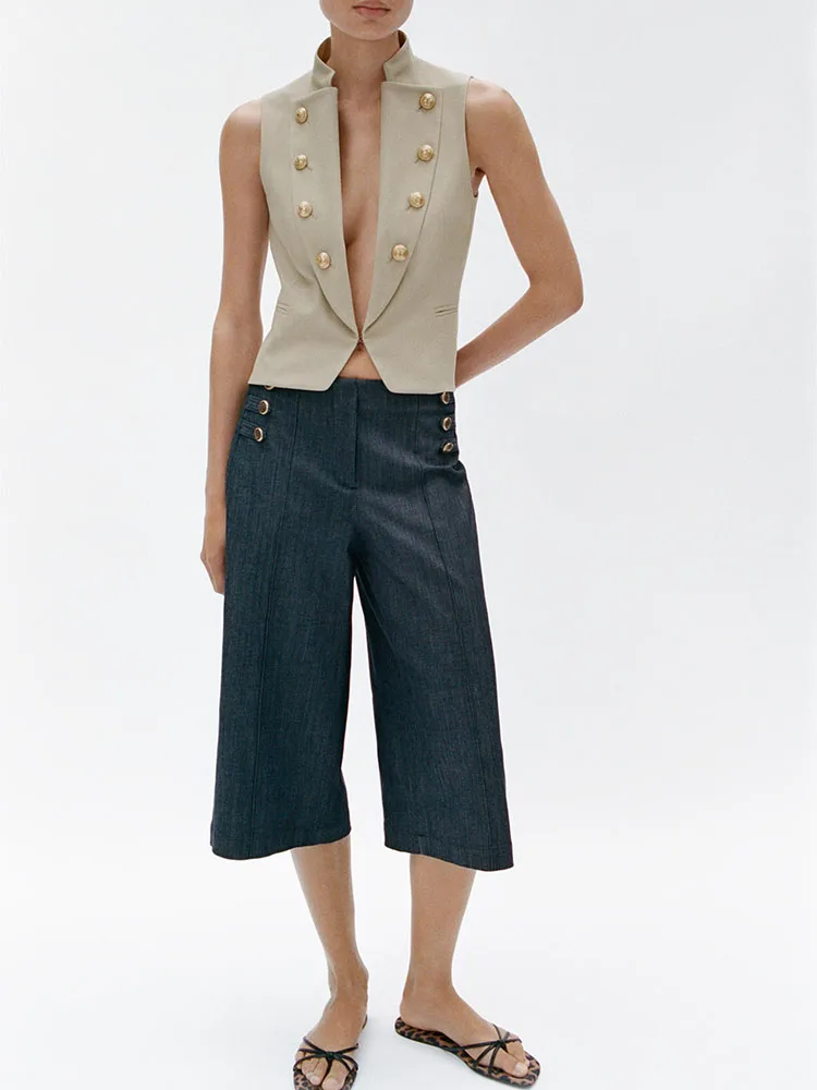 New Arrival Autumn Women's Sleeveless Pure Color Flip-Cover Button Decorative Vest Top Double-Row Button Design Fashionable