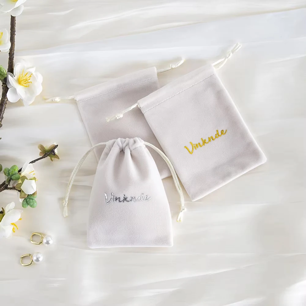 

100Pcs Beige Custom Logo Velvet Drawstring Small Storage Bags Packaging Jewellery Necklace Earrings Cosmetics Perfume Pouches