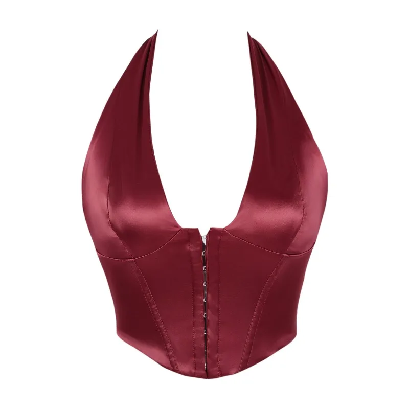 Women Lace-up Sleeveless Halter Cardigan Sexy Party Satin Corset Bustier Tank Tops Summer Streetwear Lingerie Vest Camisole