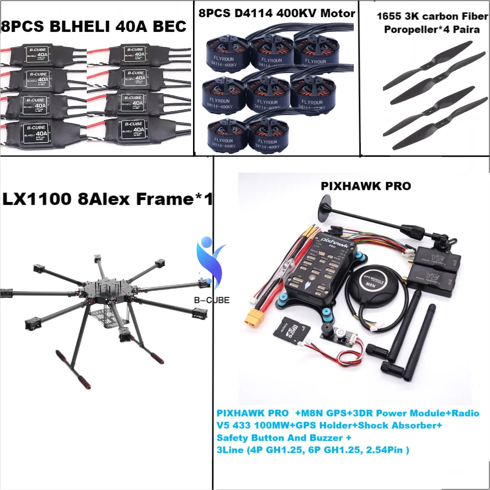 

Angeltoy LX1100 Full Carbon Fiber 1100mm Octa-Rotor Frame BLHELI 40A ESC PX4 Pixhawk PRO M8N Flight Comtrol Set D4114 Motor