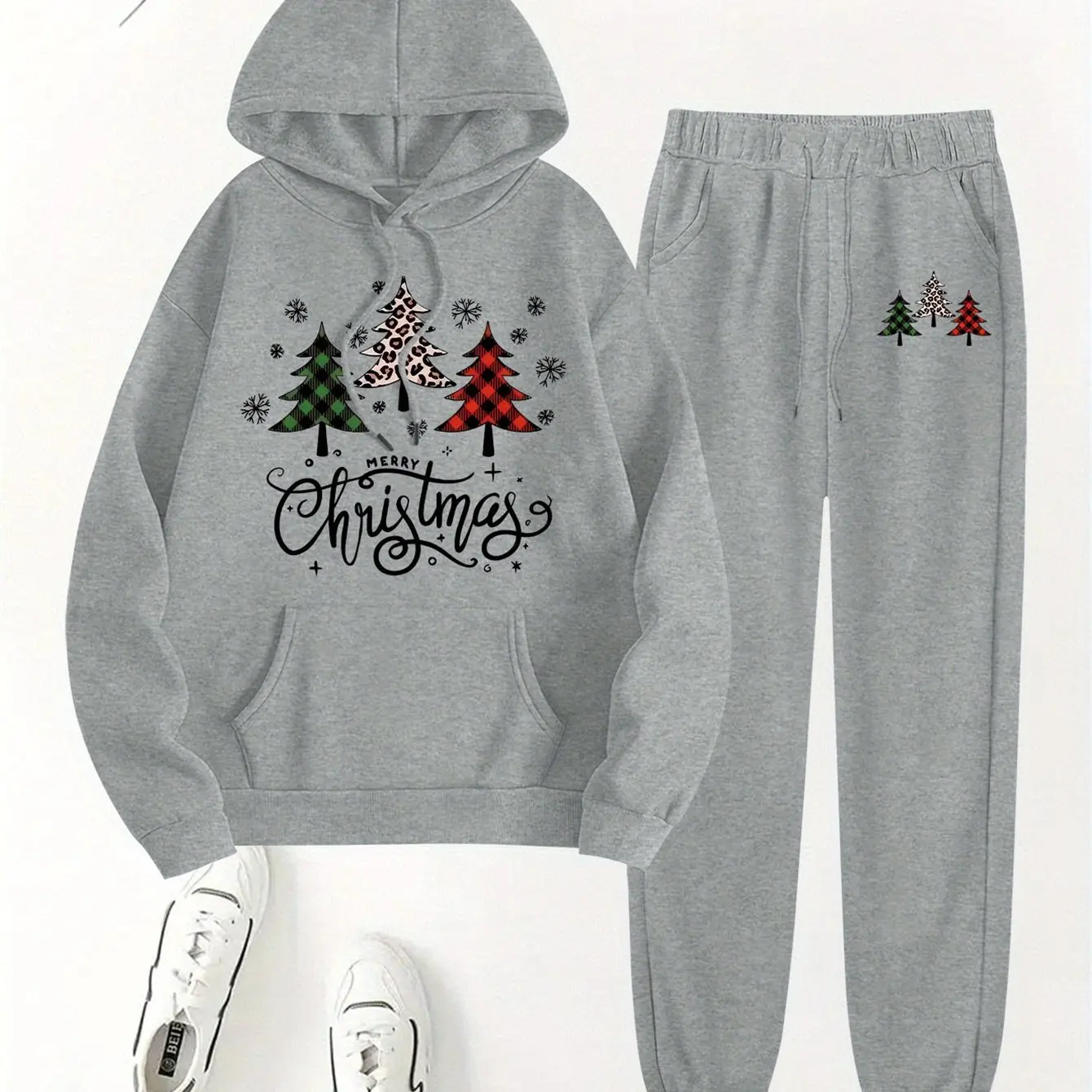 

Christmas 2Pcs Tracksuit Christmas Tree Letter Print Hoodie Jogger Pants Soft Comfortable Casual Holiday Outfit