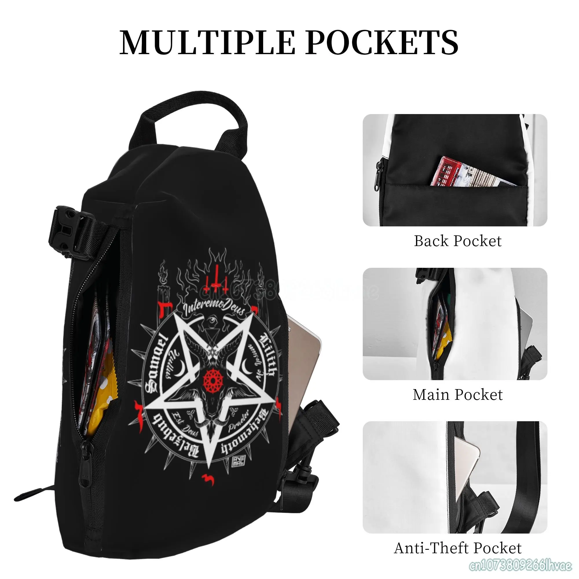 Sac de poitrine occulte satanique pour homme, sac à dos de randonnée, sacs à bandoulière, noir, tête de mort satan, fréquence, graphique initié, voyage, sport