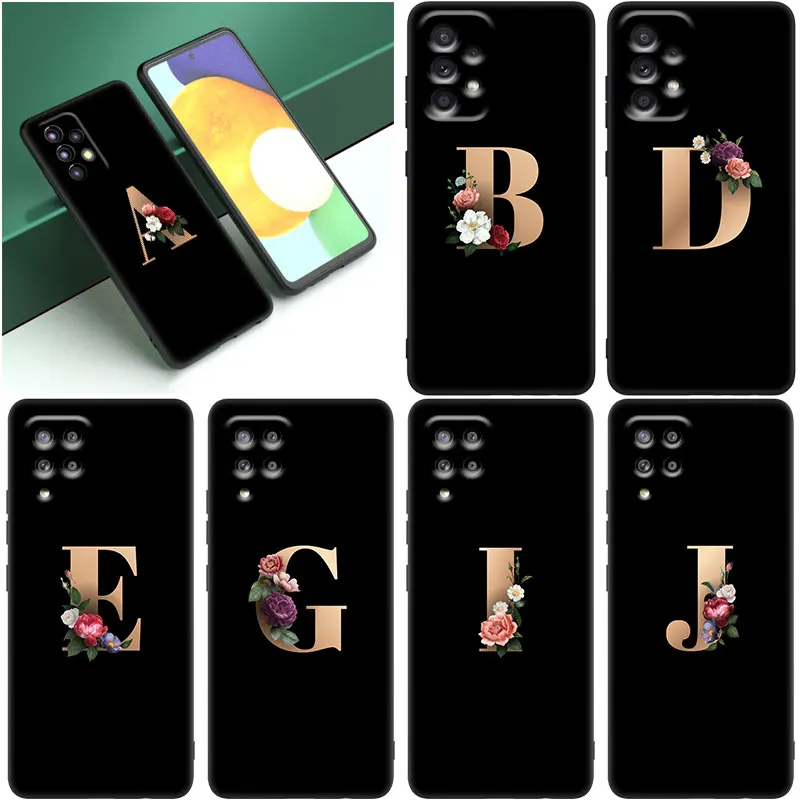 Letter Monogram Gold Marble Black Case For Samsung Galaxy A53 A52S A73 A12 A13 A72 A32 A33 A22 A23 5G A21S A31 A50 A51 A70 A71