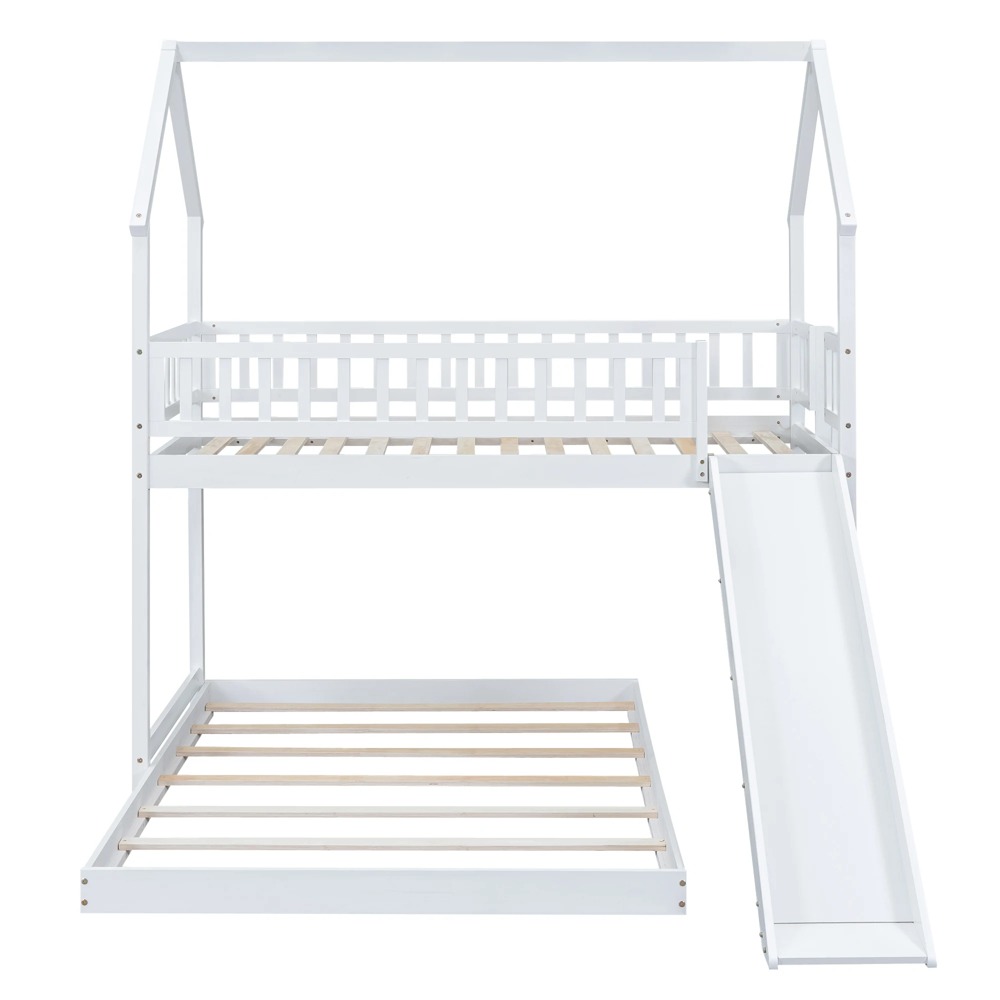 

Modern Twin Over Full House Bunk Bed Frame Built-In Ladder Slide Made Wood Plywood for Bedroom Use
