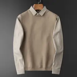 Pull décontracté pour hommes, revers faux deux, tricot, couture, document bosse, mince, affaires, beau, vêtements pour hommes, automne, hiver, nouveau, 2023