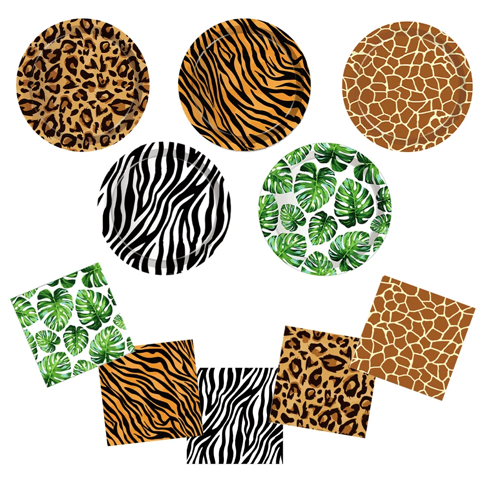 1Set Woodland Animal Leopard Tiger Print Plate tovaglioli tovaglioli Forest Banner Jungle Safari Wild One Birthday Party Decoration