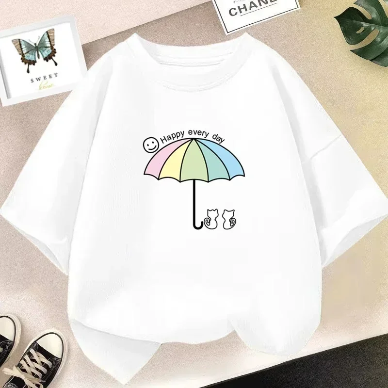 Girls Pink Short Sleeve T Shirt Happy Every Day Rainbow Umbrella Two Small Cat Outline Smiley Face Print Kids Summer Top