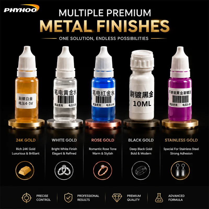 PHYHOO Pen Electroplating Solution Kit Professional 24K White Rose Black Gold Plating Fluid for Jewelry Repair DIY Metal Finish