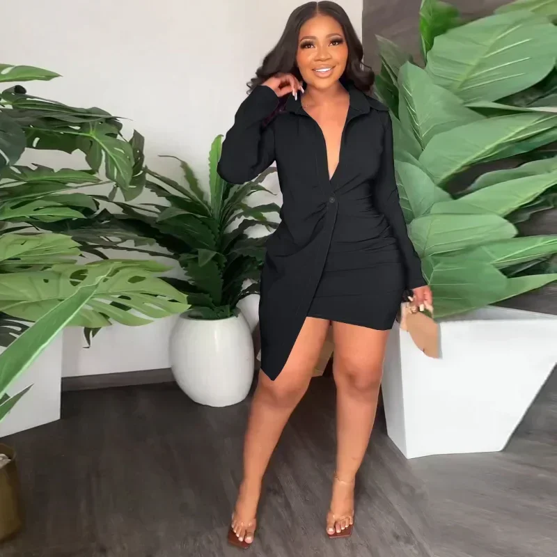 GUWU primavera manga larga cuello vuelto fruncido abrigo Mini vestido camisero mujeres elegante Clubwear fiesta blusa Irregular vestido estilo