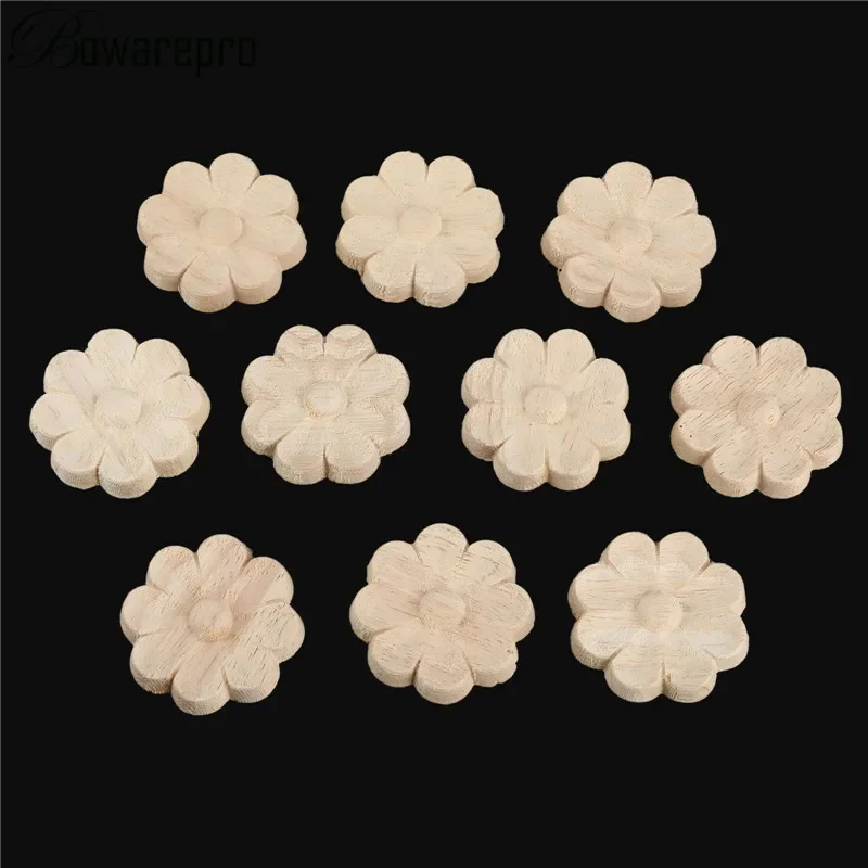 bowarepro 10PCS Applique Frame Flower Carving Wood Applique For Furniture Cabinet Unpainted Mouldings Decal Decorative 4/6CM