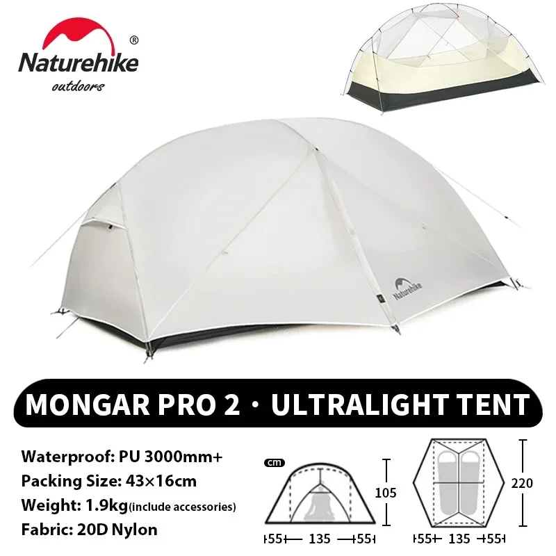 Naturehike Mongar Pro 1 2 3 Personen Zelt Ultraleichtes Wasserdichtes Rucksackzelt Camping Wandern Outdoor Tragbares 20D Nylon Schutzzelt mit Vordach