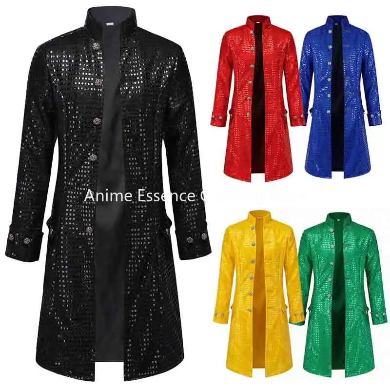 

Adult Sparkling Tailcoat Jacket Medieval Retro Halloween Costume Gothic Medium length Punk Victoria Glitter Coat Male