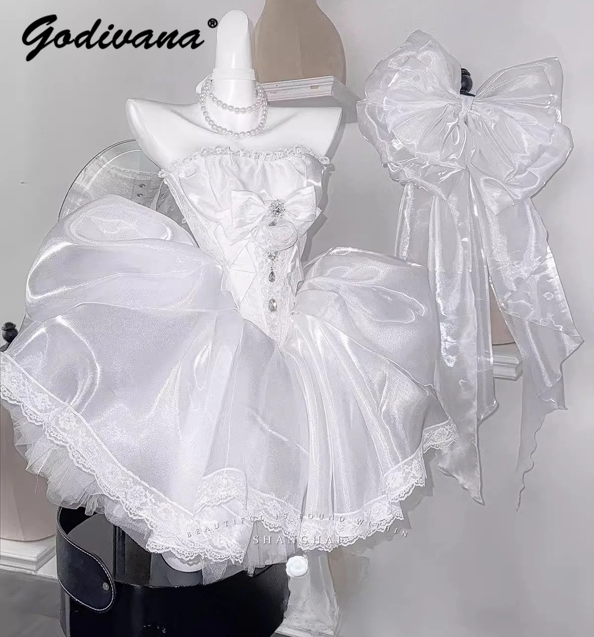 

French Style Fairy Women's White Tube Top Corset and Skirt Set Lolita Female Floral Wedding Short Princess Dresses
