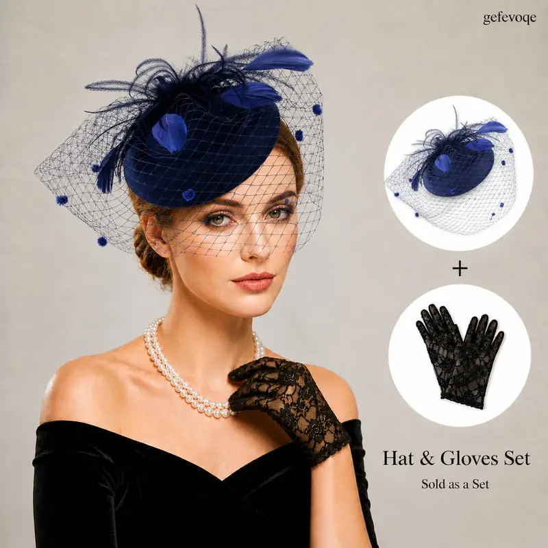 

Feather Fascinator Hat And Lace Gloves Set For Women Wedding Tea Party