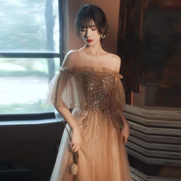 

Champagne Celebrity Dresses Off Shoulder A-line Cheongsam Flared Sleeves Sparkly Sequin Tulle Lace Up Backless Party Prom Gowns