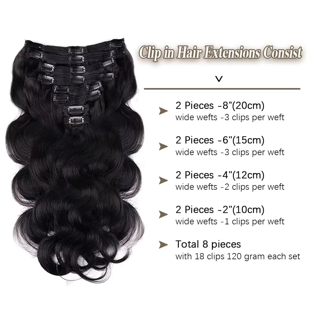 Body Wave Full Head Clip In Hair Extensions Voor Zwarte Vrouwen Human Remy Hair Extensions Met Dubbele Inslag 120G 18 Clips 8Pcs