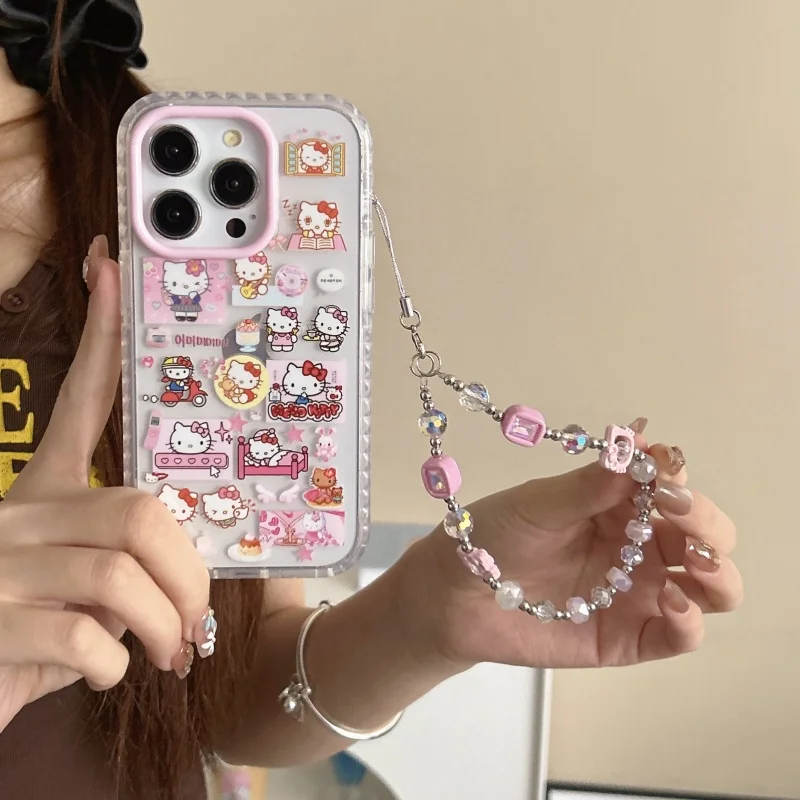 

Cute Angel wings Hello Kitty Bear Phone Case For iPhone 13 14 15 16 Pro Max illustration Cartoon Kitty daily life Lanyard Cover
