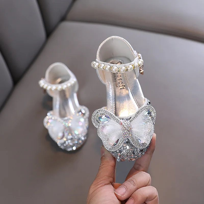 Little Girls Sequin Lace Bowknot Sandals Summer Children's Bling Pearl Rhinestone Single Shoes Kids Soft Bottom Beach Sandals