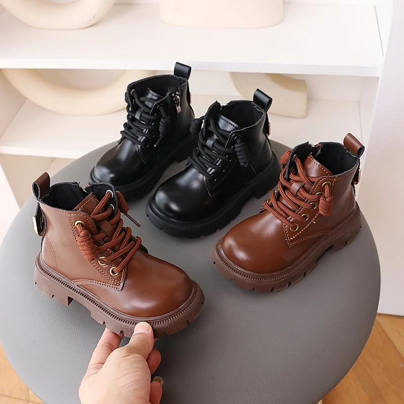 

Kids Leather Boots Boys Girls Brown Black Style Anti Slip Sole Warm Winter Shoes Outdoor Wear Children Velvet Boots Girls Shoes