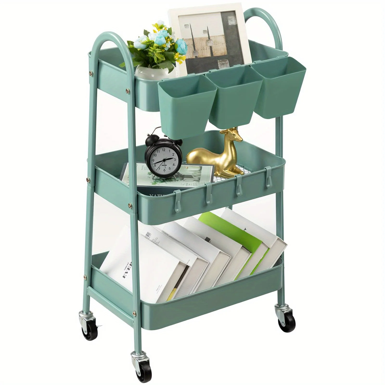 3-Layer Rolling Metal Storage Vehicle Lockable Wheel Vertical Cup Storage Rack for use in the kitchen or bathroom