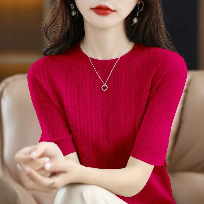 Ice Silk Short Sleeve T-shirt Women's Summer New Round Neck Cutout Loose and Versatile Thin Knit Half-sleeved Base Shirt Top