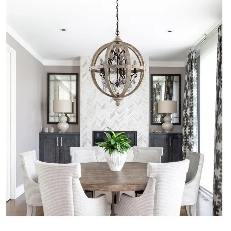 

American Country Wooden Ball Chandelier for Living Room Bedroom Shop Retro Bar Restaurant