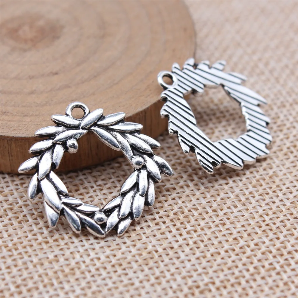 10pcs 25x27mm Antique Silver Color Olive Branch Circle Charms Pendant Hand Crafts Materials